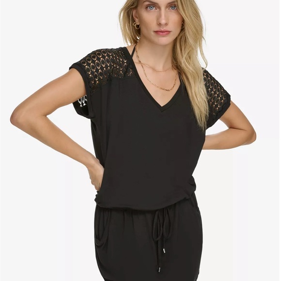 Calvin Klein Swimwear Crochet-Shoulder Tunic Cover Up Women's L/XL Black Dress - Picture 3 of 16